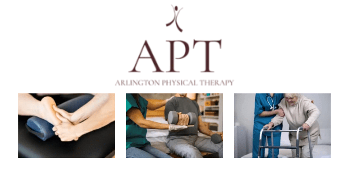 Arlington Physical Therapy Logo of Arlington Physical Therapy showing hands engaged in therapy sessions with patients using mobility aids.